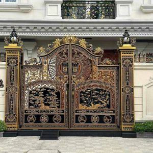 cổng nhôm đúc 2 cánh họa tiết tùng cúc trúc mai